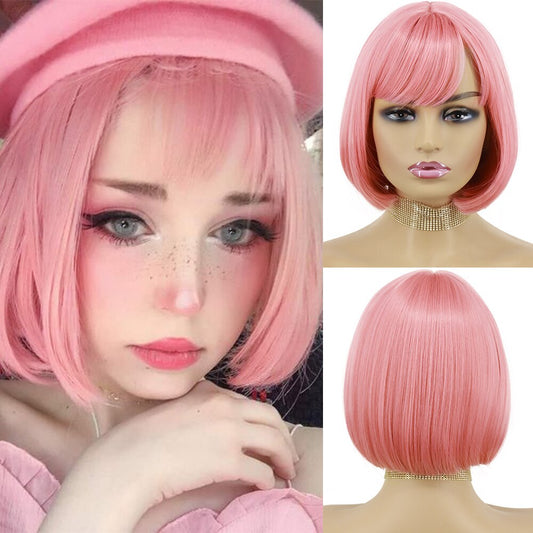 Short Wig with Bangs Pink Black Bob Wigs-DriHer