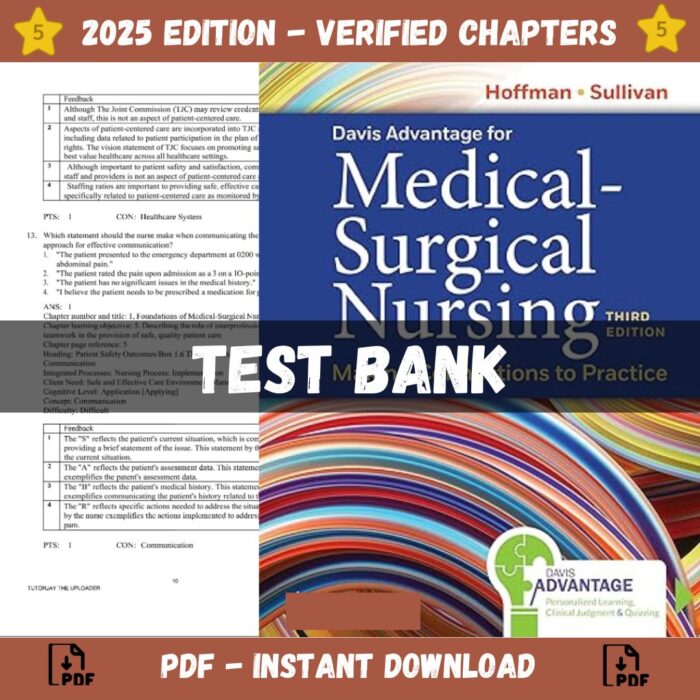 Test bank - Davis Advantage for Medical-Surgical Nursing Making Connections to Practice, 3rd Edition (Sullivan Hofman, 2023)