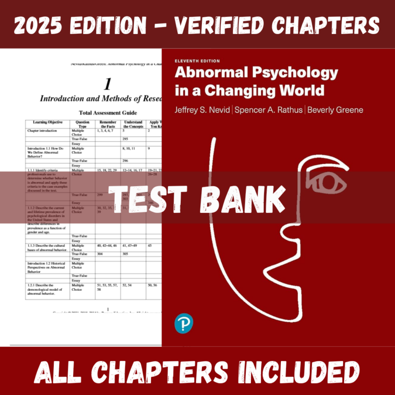 Test Bank - Abnormal Psychology in a Changing World, 11th Edition (Jeffrey S. Nevid, 2020)