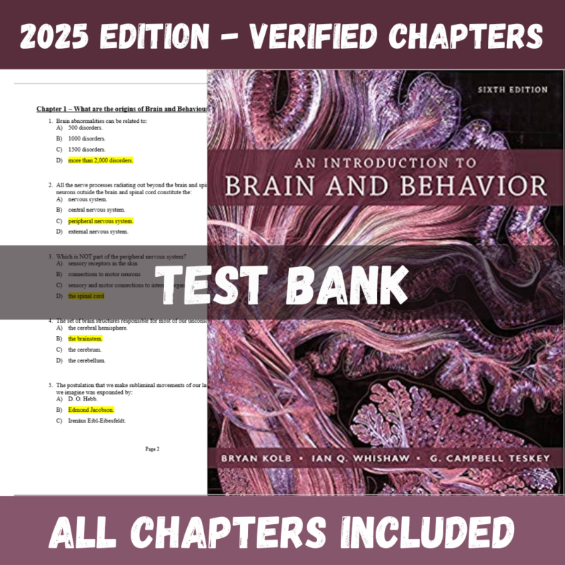 Test Bank - An Introduction to Brain and Behavior, 6th Edition (Bryan Kolb, 2019)